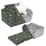 MOMCAYWEX Toddler Couch, 2-in-1 Kids Soft Couch Fold Out with Star Pillow, Foldable Sofa to Lounger, 1-Seat, Star Glow in The Dark