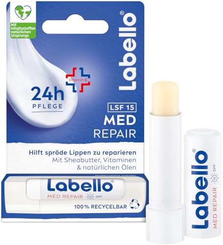 Labello Med Repair Lippenpflegestift, mineralölfreie Lippenpflege mit LSF 15 und Vitamin E für spröde Lippen, Lippenbalsam mit Sheabutter und natürlichen Ölen (4,8 g)