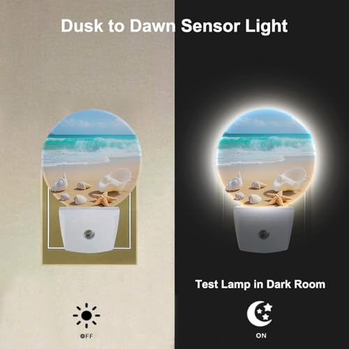 Image of Seashell Nightlight Summer Beach Coral Starfish Blue Ocean Sea Waves Night Lights Plug into Wall Dusk to Dawn Sensor Round Night Light for Adults Boys Girls, 0.5W Energy Efficient