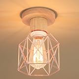 iDEGU 15CM Lámpara de Techo Vintage de Madera y Metal E27 Iluminación de Techo Retro Estilo Jaula Pantalla Lámpara Colgante Industrial Luz de Techo para Pasillo Dormitorio Salón (Madera, Oro Rosa)