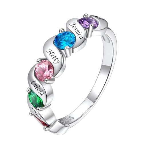Custom4U Personalized Mothers Ring with 1-5 Birthstones Names Engraved 925 Sterling Silver/14K White Gold Plated Birthstone Rings for Women Promise Ring Birthday Jewelry Gifts for Mom Grandm