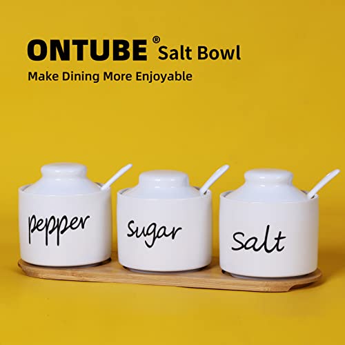 ONTUBE Farmhouse 8oz, Sugar Pepper and Salt Bowls with Lid and Spoon, Ceramics Condiment Pots,Seasoning Jar Spice Container for Kitchen,Dishwasher Safe (White) by ONTUBE - Image 3