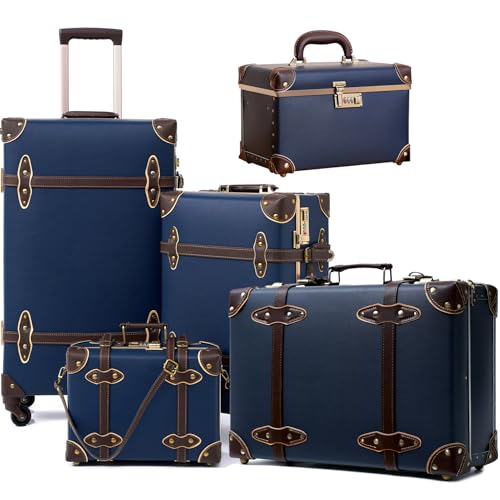 urecity Vintage Luggage Sets of 5 Piece, 20-Inch and 26-Inch Rolling Luggage, 12.5-Inch Cosmetic Train Case, 16-Inch Carry-On Nonwheeled
