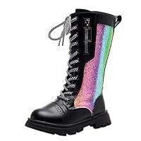 Girls Lace Up Mid Calf Riding Boots with Side Zippers Comfortable and Durable, Non-Slip Sole Fashion Knee High Combat Boots for Kids Punk Goth Cosplay Boot School Shoes (Black, 11 Little Child)