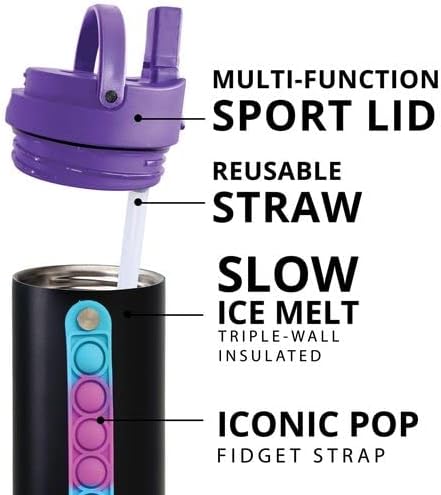 Elemental Iconic Water Bottle for School - 100% Leak-Proof Insulated Water Bottles with Straw Lid & Pop-It Handle - Triple-Wall Insulated & BPA-Free, 20oz – Black Tie Dye - Image 6