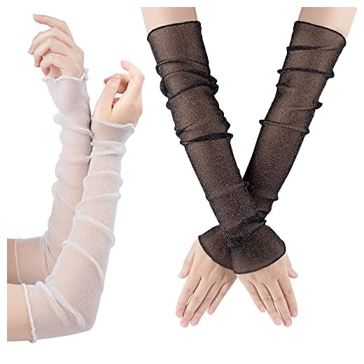 OIIKI 2 Pairs Women's Long Ultra-thin Lace Gloves Sun UV Protection, Cooling Mesh Tulle Sunscreen Sleeves Fingerless Arms Legs Accessories for Party Outdoor Sport Activities- 50cm, Black/White