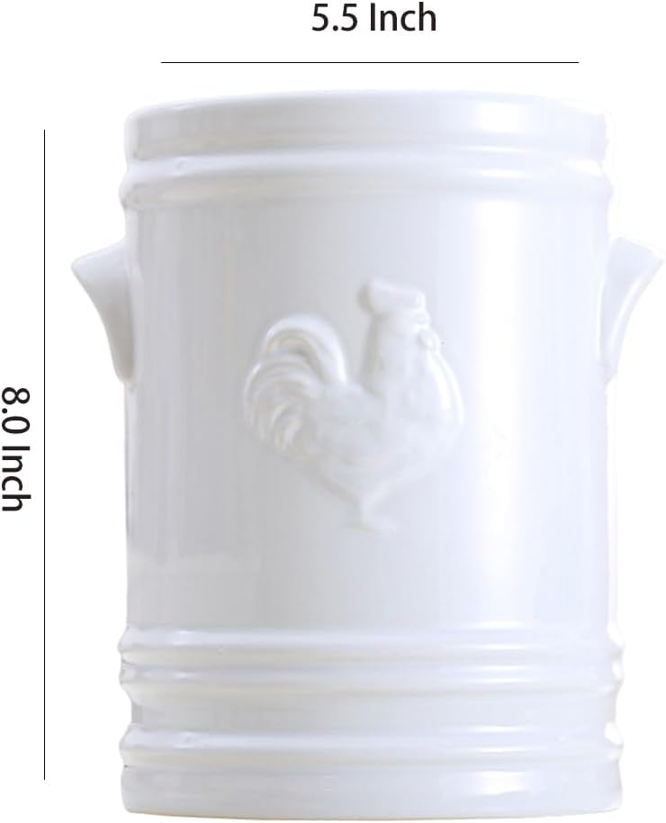 WAIT FLY Embossed Rooster Porcelain Kitchen Utensil Holder Flatware Storage Organizer Utensil Crock for Countertop Kitchen Counter Decor-White