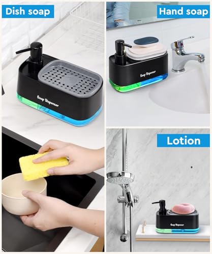 Image of 5-in-1 Kitchen Soap Dispenser Set with Sponge Holder - Dual Hand & Dish Soap Pump Dispenser for Sink Countertop with 2-Packs Natural Loofah Dish Sponge Dishwashing Scrubber,Black