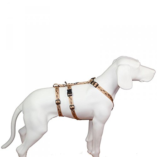 Hoffmann No Exit ausbruchsicheres Hundegeschirr für Angsthund, Sicherheitsgeschirr für Pflegehunde, Panikgeschirr, beige mit braunen Pfötchen, Bauchumfang 35-50 cm, 15 mm Bandbreite