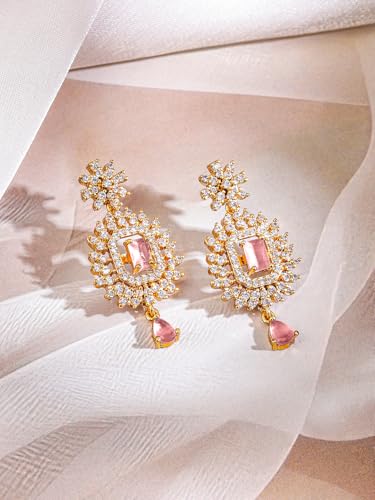 Image of Rubans 22K Gold-Plated Aqua Green /Pink Stone & Cubic Zirconia Studded Jewellery Set for Women - for Weddings & Special Occasions