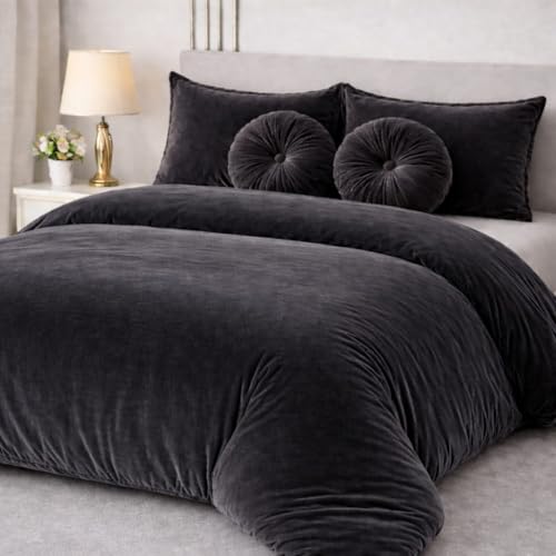 Image of Sands Luxurious 6Pc Bedding Set for Winter, 1 Double Duvet Cover,1 Double Bed bedsheet, 2 Pillow Covers, 2 Round Cushions, Ultra Soft Woollen Bedsheet Set- 90X100 inches (Dark Grey)