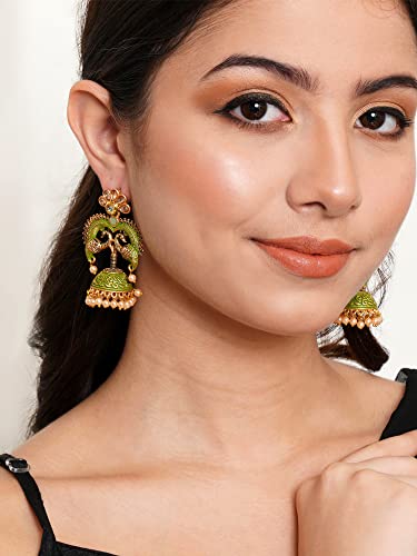 Karatcart Antique Gold Plated Light Green Designer Peacock Jhumki Earrings for Women - Image 3