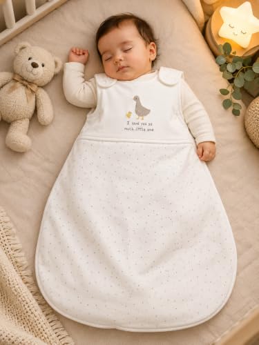 Image of TuddyBuddy Baby Cotton Wearable Quilted Sleeping Bag Blanket 1.5 Tog with 1 Way Zipper Closure | Ideal for Babies & Kids Hypoallergenic Fabrics | (Ducks & Small Dots AOP - White, 12-18 Months)