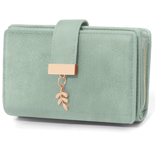 Portefeuille porte-monnaie femme vert avec 18 compartiments cartes et RFID