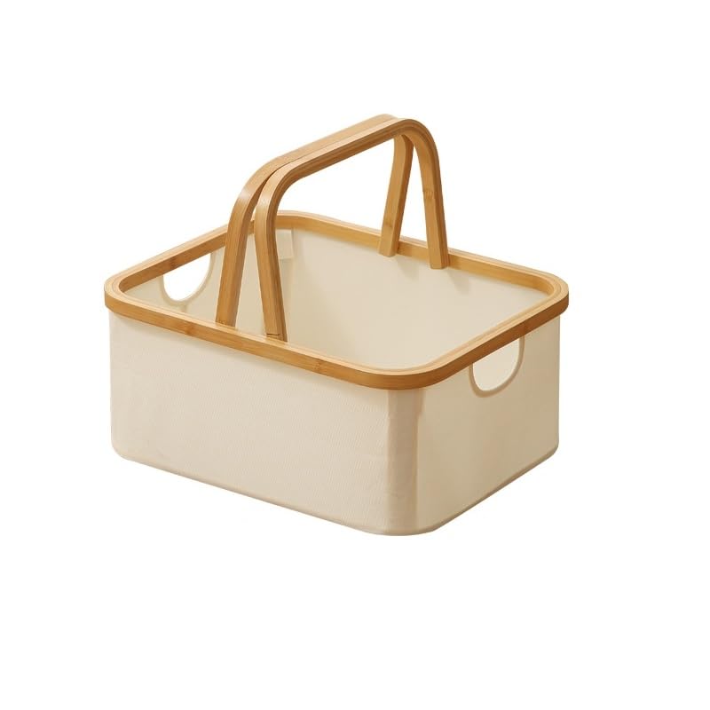 Caja de almacenamiento plegable con mango de bambú, tela Oxford (beige, 40,5 x 33 x 17 cm)