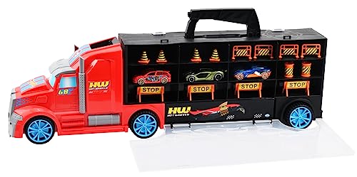 CAMION BISARCA: Il set ODS Hot Wheels consiste in un camion bisarca di 50 cm che si trasforma in una valigetta portauto, perfetto per trasportare e conservare veicoli e accessori.