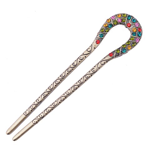MANDI HOME Retro Court U-shaped Metal Hairpin Hair Clip Clamps Accessories 5 inches Fork Hairpin Barrettes Pin Ponytail Holder with Crystal Stones (Colorful)
