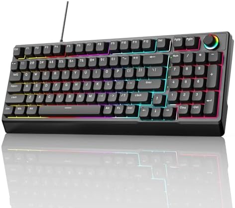 （21:30時点） ゲーミングキーボード 赤軸 98 キー メカニカル LED バックライト付き ワード発光 USB ゲーミングきーボード有線 高速応答 数字キー付き 音量調整ノブ オフィス/ゲーミング コンピューター キーボード 贈り物