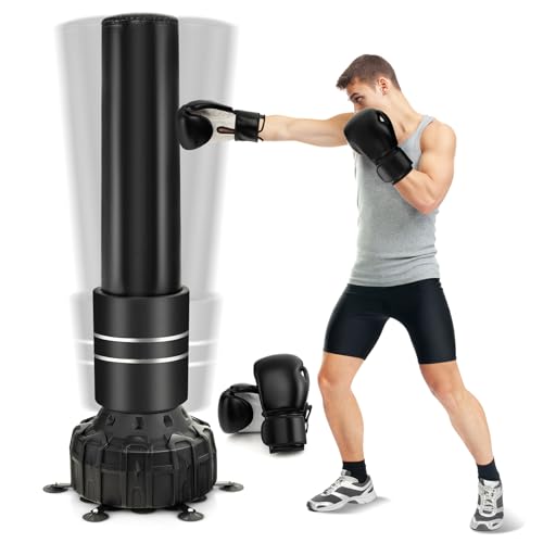 COSTWAY Saco de Boxeo de Pie para Adultos, Saco Boxeo Suelo con Guantes, Base de Ventosa, Amortiguado, Saco de Boxeo con Relleno, Agua 150kg, Arena 100kg Casa Gimnasio, 48 x 48 x 182 cm