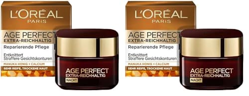 L'Oréal Paris Nachtpflege, Age Perfect Extra-Reichhaltig, Anti-Aging Gesichtspflege, Entknittern und Straffen, Für sehr reife und trockene Haut, Mit Manuka Honig und Calcium, 50ml (Packung mit 2)