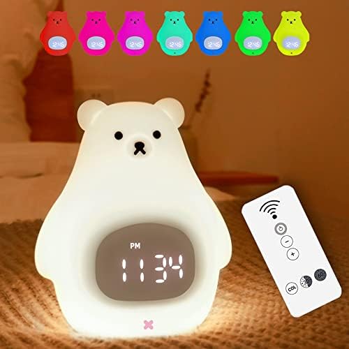 JROSING Bear Night Light for Kids, Cute Alarm Clock, Kawaii Stuff, Remote Control 7 Colors Children Silicone USB Rechargeable Portable lamp for Baby Teen Boys Birthday Gift Bedroom Room Decor