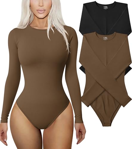 TOB Women's 2 Piece Bodysuits Sexy Ribbed One Piece Long Sleeve Round Neck Tops Bodysuits Black Coffee