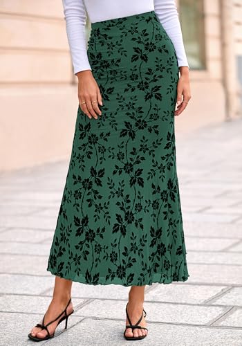 BTFBM Womens Floral Mesh Maxi Skirt 2026 Spring Summer Elastic High Waisted Boho Elegant Mermaid Long Skirts for Women(Dark Green, X-Large) — view 6