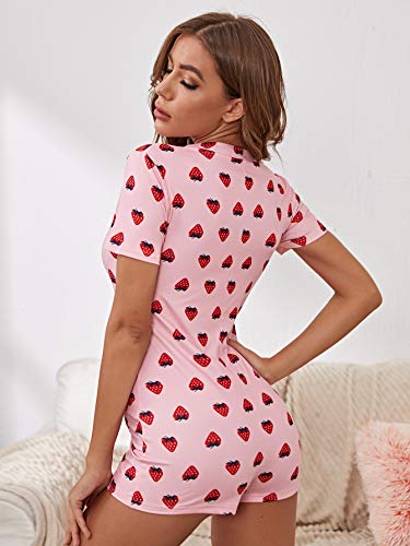 Shein Women's Strawberry Print Short Sleeve V Neck Pajama Onesie Sleepwear Baby Pink S #TOP1