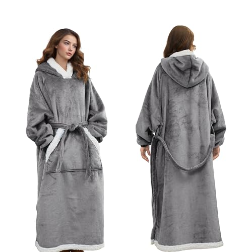 Standard Size Wearable Hoodie Blanket Soft Sherpa Fleece with Big Pocket & Adjustable Belt Warm Cosy Adult Blanket for Home Unisex Gift for Men & Women Light Grey