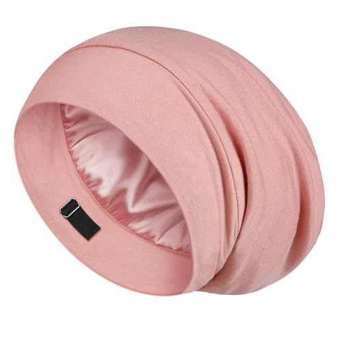 LULUSILK Mulberry Silk Bonnet for Sleeping Women, No More Frizzy Tangled Hair, Stay On All Night Silk Hair Wrap for Sleeping with Adjustable Strap, Silk Sleep Cap for Women and Men, Pink, Pack of 1