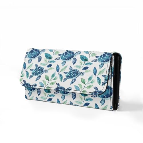 Image of AFPANQZ Womens Wallets, Leather Trifold Multi Card Holder Slots Wallet, Turtle Leaf Print Elegant Clutch Phone Holder Zip Inner Pocket Multi-Cards Slots Large Travel Wallet