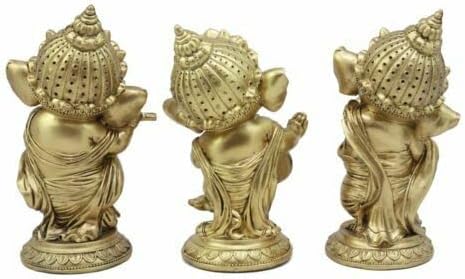 Ebros Gift Set of 3 Hindu Elephant God Ritual Dancing Ganesha with Flute and Drum Golden Figurines 6" H Deity of Arts Wisdom and Knowledge Decor Sculptures