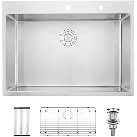 Stainless Steel Drop In Kitchen Sink, BoomHoze Handmade Deep 30 Inch 16 Gauge Single Bowl Topmount Kitchen Sink Cover