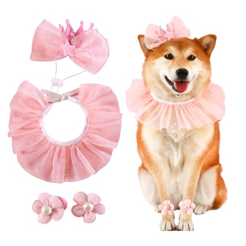 Princess Dog Crown Hat Scarf Set, Dog Birthday Hat Dress Outfit with Flower Leglet, Wedding Party Supplies for Girl Cats and Small Mini Dogs, Girl Wedding Dress (Pink)