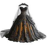 Mauuwy Sleeveless Bridal Dresses Yellow Dark and Black Lace Tulle Wedding Gown with Cape Layered Victorian Chiffon Wedding Dresses for Brides Size 12