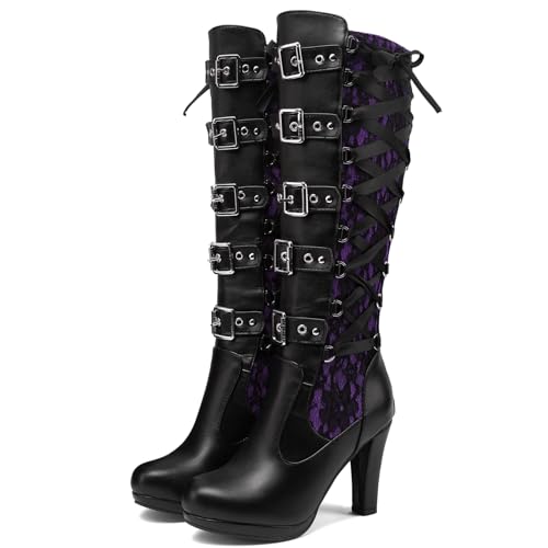 KysBloes Women Lace Goth Knee High Boots Buckle Block Heel Lace Up Knee Length Boots Punk Platform Tall Boot(Purple,US size 8)