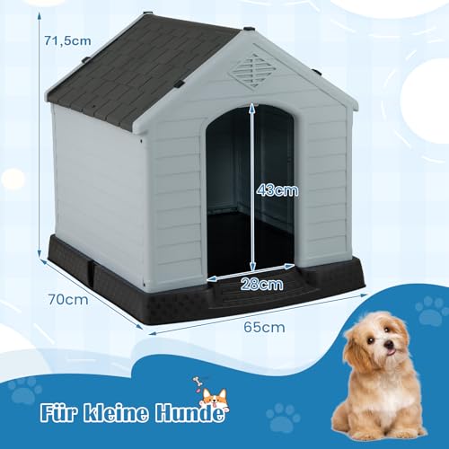 GYMAX Outdoor Hundehütte mit Schrägdach & erhöhtem Boden, Hundehaus aus Kunststoff, Wetterfeste Hundehöhle im Landhausstil (Grau + Schwarz, 72,5 x 66 x 70,5 cm)