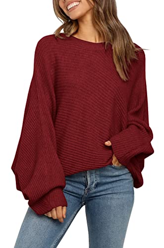 Mafulus Women's Oversized Crewneck Sweater Batwing Puff Long Sleeve Cable