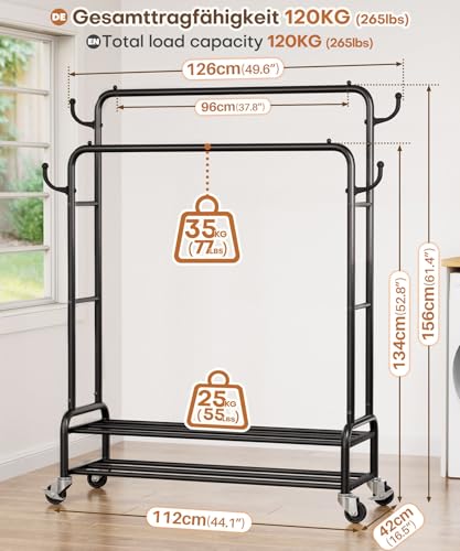 Yorbay Kleiderständer auf Rollen Garderobenständer aus Metall: 2 Kleiderstange 4 Haken 2 Lagen Staufächer bis 120 kg Belastbar - Stabil Clothes Rack für Schlafzimmer Ankleidezimmer