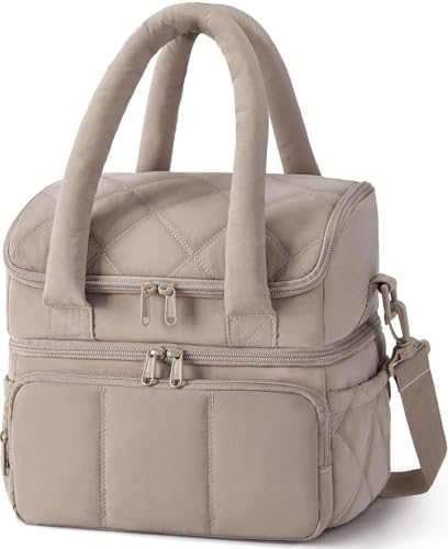 Lyrovo Insulated Lunch Bags for Women, Cute Quilted Lunch Box, Lightweight Puffy Padded Waterproof Lunch Tote, Reusable Lunch Cooler for Work Picnic Travel (Camel, Large(Double Deck))