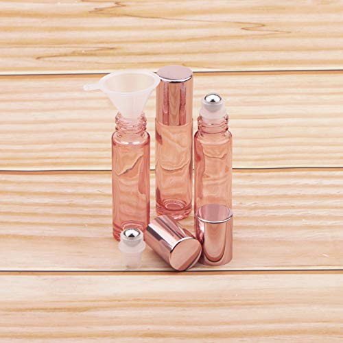 Bright Rose Gold Essential Oil Roller Bottles Set With Stainless Steel Balls, 14 Pack 10Ml Leakproof Glass Bottle With 14 Rollerballs For Perfume Aromatherapy Oils 1 Funnels + 1 Opener #TOP3