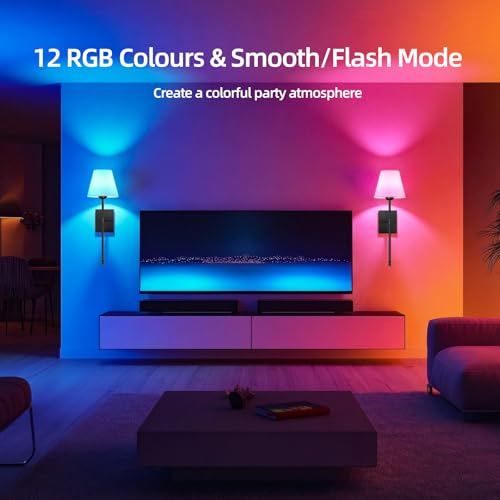 Image of Rechargeable Battery Operated Wall Sconces Set of 2, Black Wireless Fabric Shade Wall Sconce with Remote Control, Dimmable RGB Color Changing Wall Lamp for Bedroom Living Room Hallway, 20.47 inch Tall