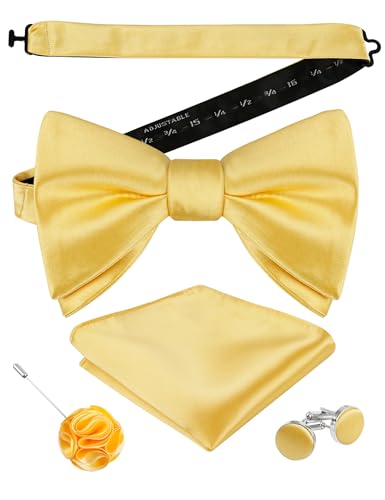Image of Alizeal Mens 4pcs Formal Solid Bow Tie Set | Pre-tied Pocket Square Cufflinks Boutonniere for Wedding Everyday Use
