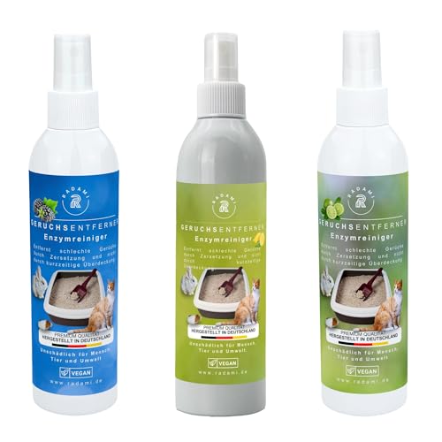 Eliminador de olores 3 x 250 ml limpiador enzimático contra malos olores como orina de gato/orina de perro para jaulas/perreras/aseos de animales