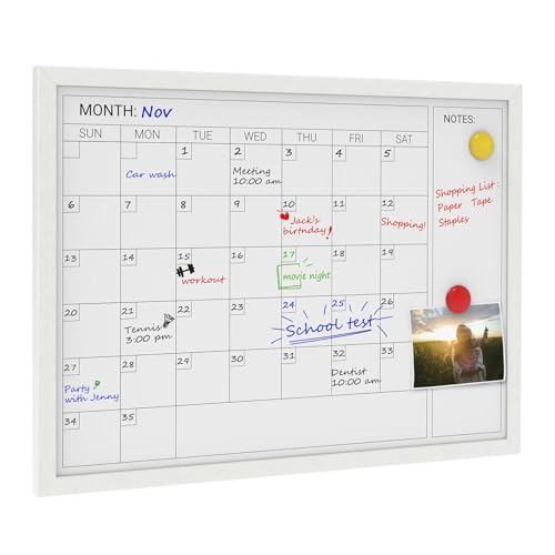 Comix Dry Erase Calendar Whiteboard for Wall,Magnetic Dry Erase White Board with White Wood Frame, 24 * 18 inches Decorative Planner Board for Office, Kitchen, School, Home