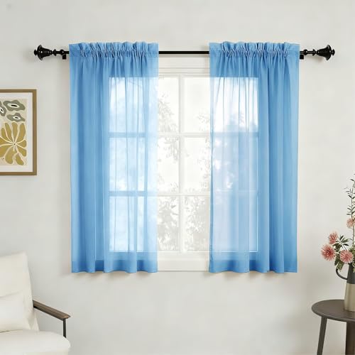 GFCC Cortinas Translucidas Salon 2 Piezas Visillos Azul Dormitorio para Ventanas Habitacion Comedor Cocina,Modernas Cortinas Transparente de Suave 150x145 cm
