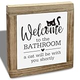 Funny Bathroom Decor, Wooden Box Sign with Cat, Welcome to the Bathroom A Cat Will be with You Shortly Sign, Decorative Signs for Home Toilet Restroom Shelf Tabletop Desk 5.9X5.9X0.7inches