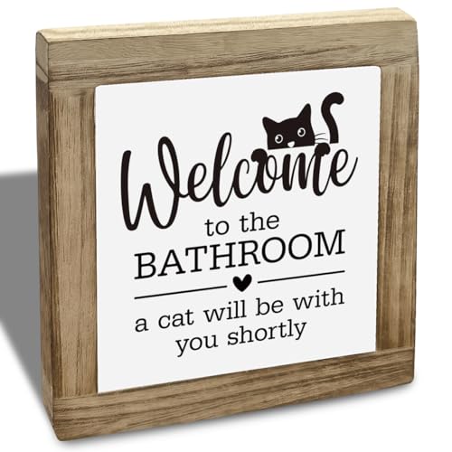 Funny Bathroom Decor, Wooden Box Sign with Cat, Welcome to the Bathroom A Cat Will be with You Shortly Sign, Decorative Signs for Home Toilet Restroom Shelf Tabletop Desk 5.9X5.9X0.7inches
