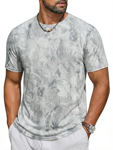 Runcati Mens Short Sleeve Crew Neck T-Shirt Tie Dye Casual Graphic Shirt Hipster Stretchy Tee Tops Light Grey