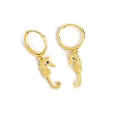 Tropical CZ Seahorse Dangling Tiny Small Huggie Hoop Earrings for Women 925 Sterling Silver Cute Unusual Charm Dangle Little Hoops Minimalist Fashion Hypoallergenic Personalized Gifts (Gold)
